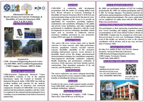 Recent Advances in Concrete Technology and Durability of Concrete Structures (RACT & DCS 2026), 21-23 January 2026